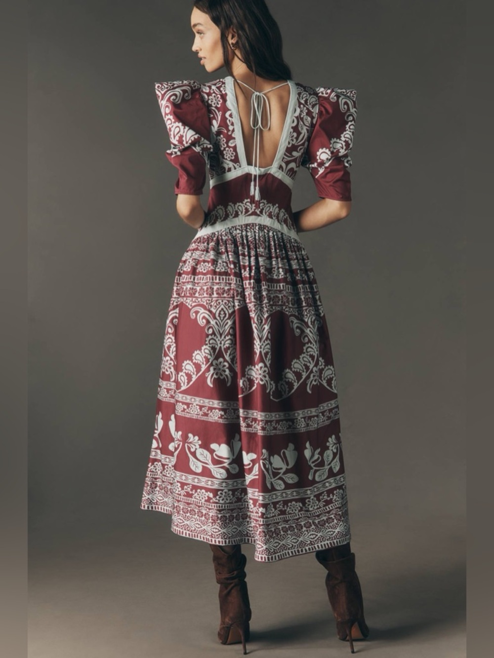 Farm Rio x Anthropologie Burgundy Blue Print puff sleeve Dress Size XS NWT - Picture 2 of 11